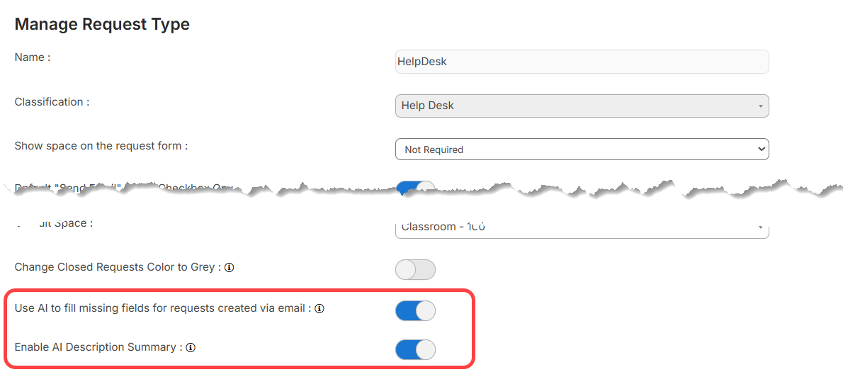 Manage Request Type page with new AI options circled.