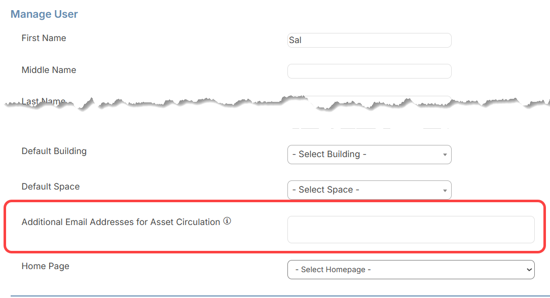 Manage Users page with Additional Email Addresses field circled.
