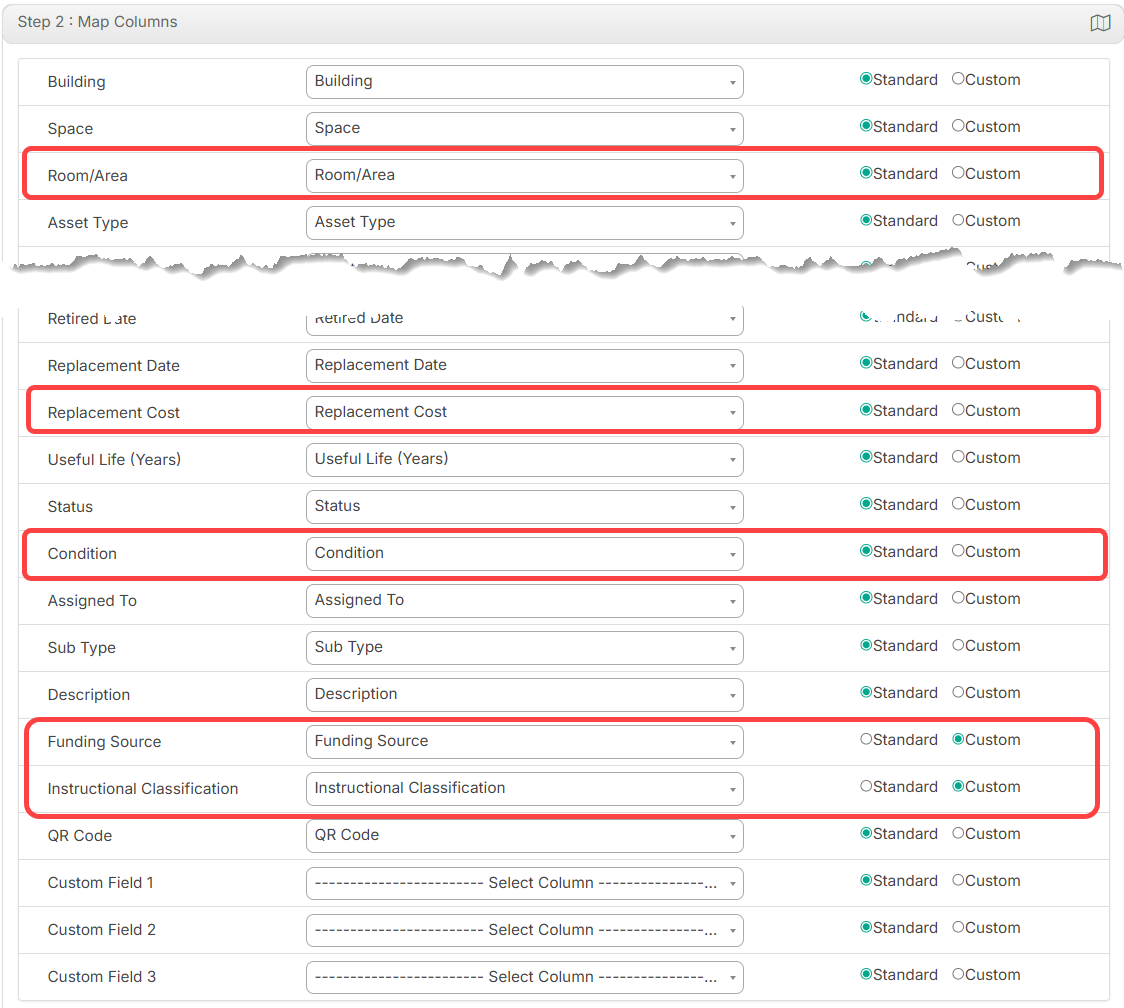 Asset Import, Step 2. Map Columns with the new fields circled in red.