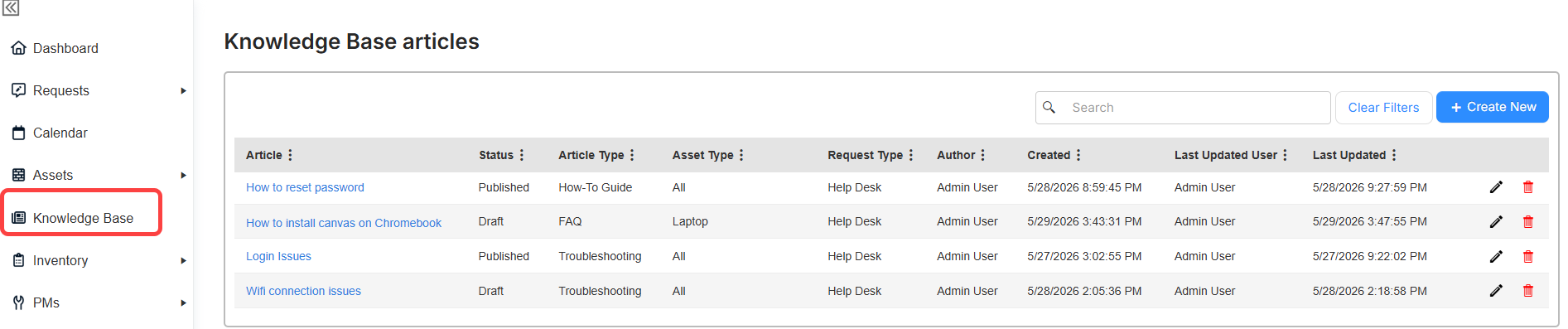 Knowledge Base articles page.