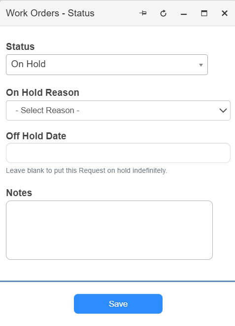 Status pop-up showing On Hold status fields.