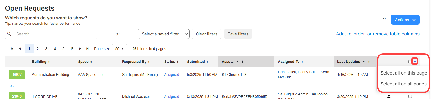 Select all drop-down open and circled.