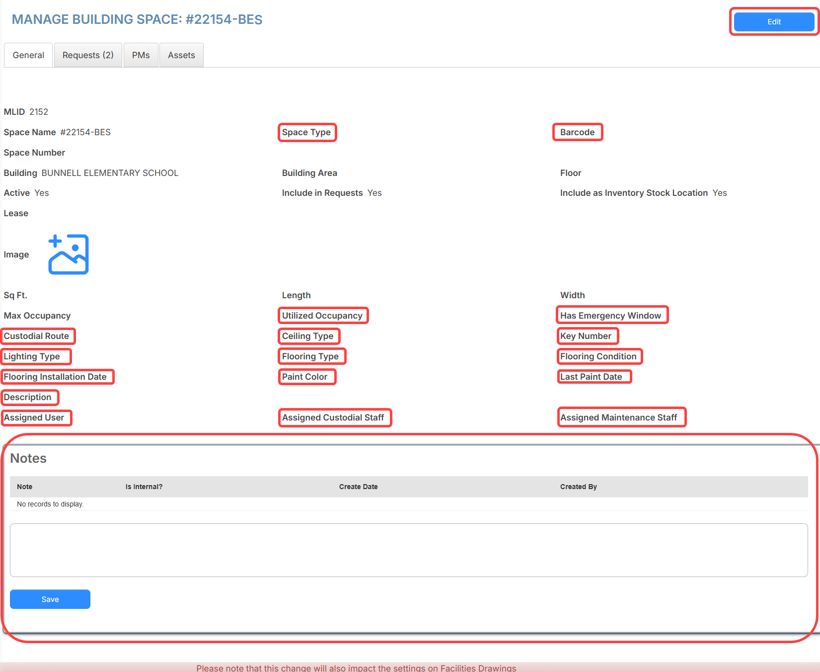 Space details page with new fields circled in red.