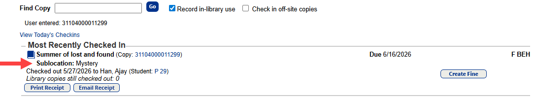 Check in page with a checked-in item that includes its sublocation.