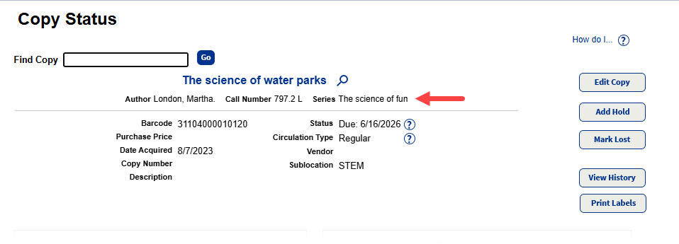 Copy Status page with series highlighted.