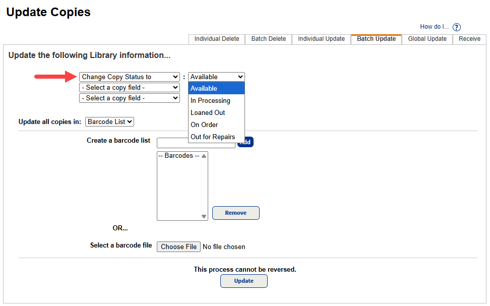 Update Copies, Batch Update page with "Change Copy Status to" highlighted in first drop-down.