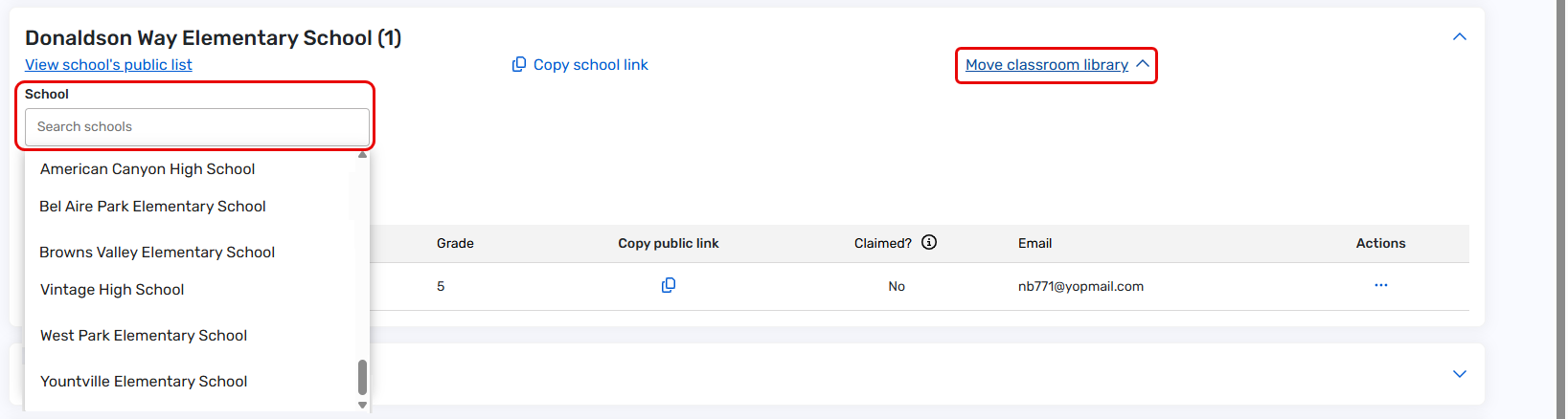 Move classroom library with School drop-down highlighted.