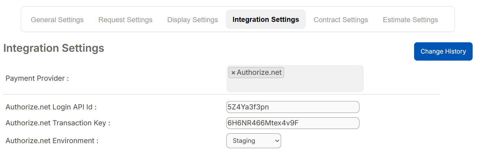 Integrations settings page with Authorize.net info.