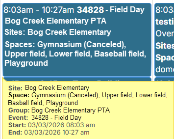 Consolidated view calendar with cancelled space.