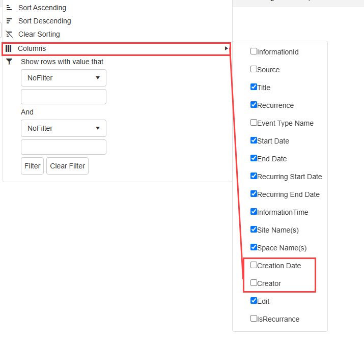 Calendar info, columns with Creation Date and Creator highlighted.
