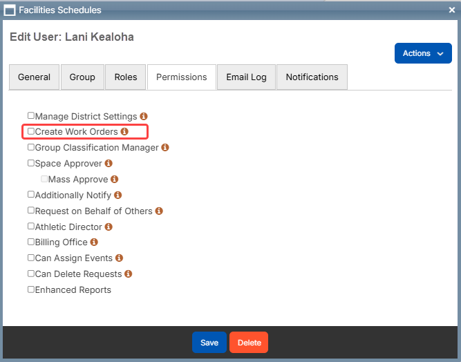 Edit user-permissions tab with Create Work Orders highlighted