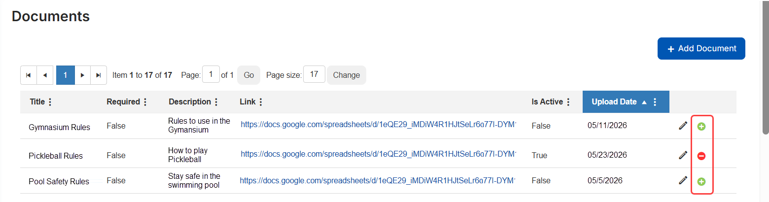 Documents page with activate and inactivate icons.