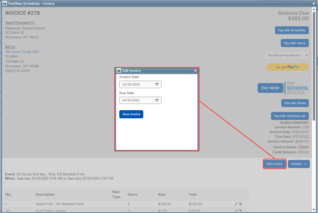 Edit invoice pop-up.