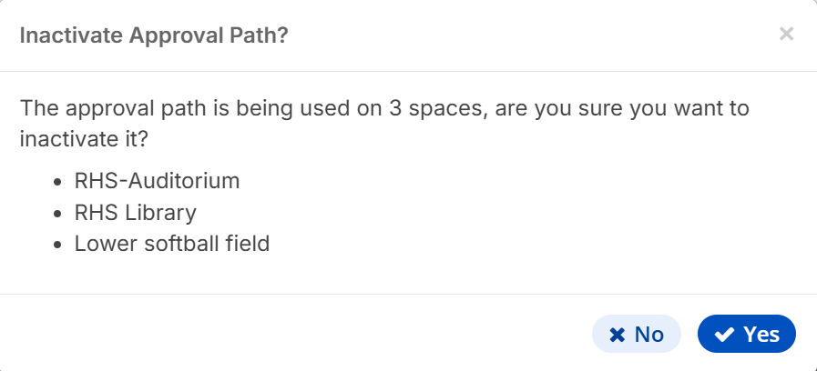 Inactivate approval path confirmation pop-up showing spaces using it.