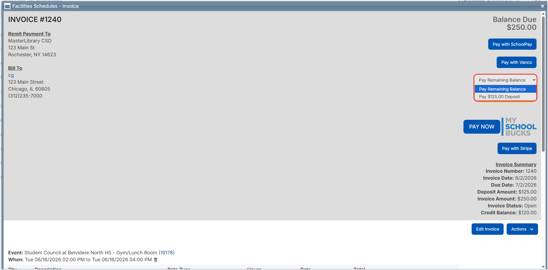 Invoice with Deposit or full balance payments highlighted.
