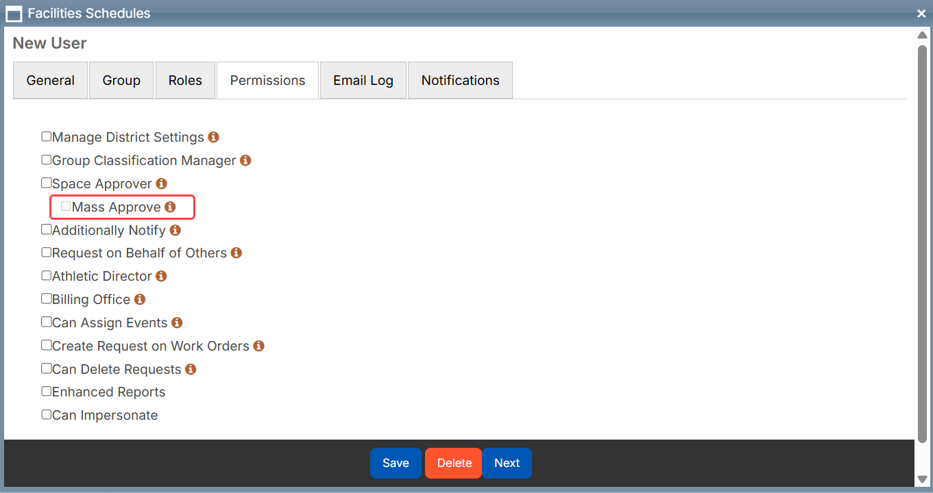 New user page- permissions tab with mass approve highlighted.