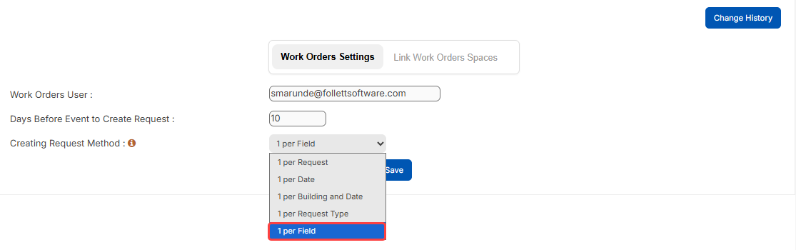 Work Order integration, one per field setting