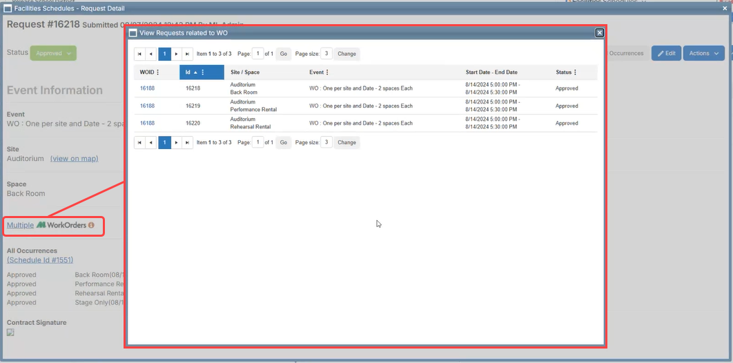 Request details with link to multple work orders highlighed.