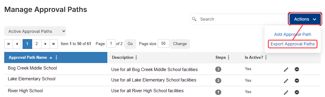 Manage approval paths page with Actions, Export approval paths highlighted.