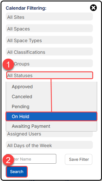 Calendar filtering with Status On Hold highlighted
