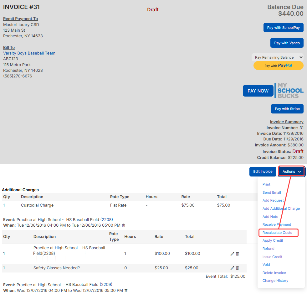Draft invoice with Actions, recalculate cost highlighted