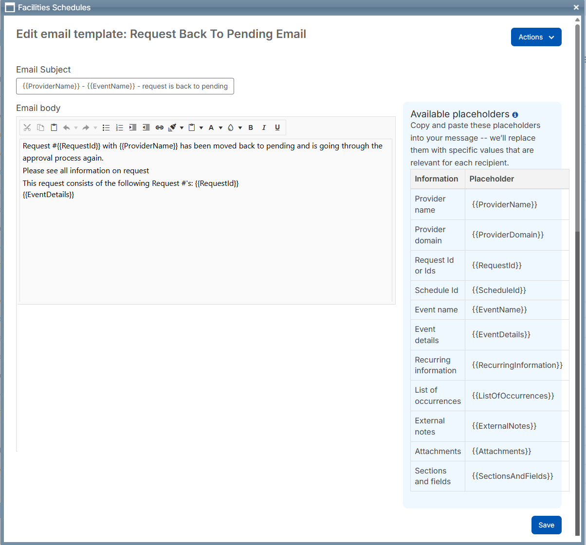 Sample email template for status change.