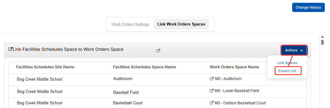 Link Work Order Spaces page