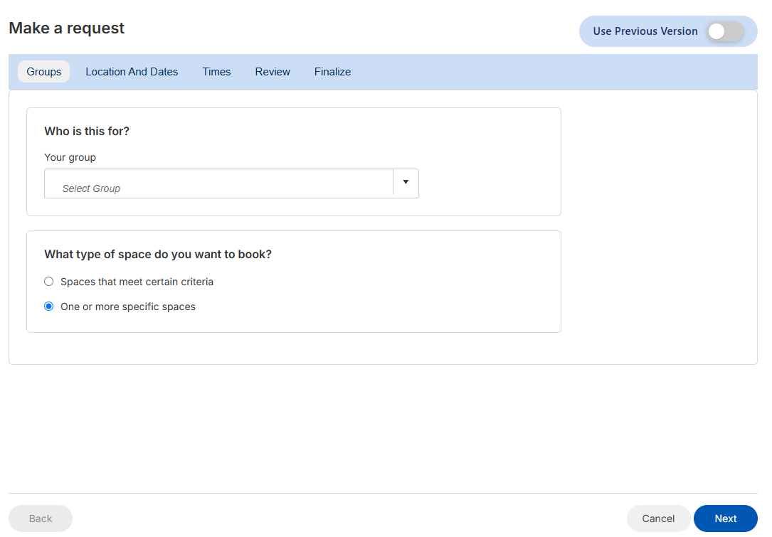 New request form, Groups tab.