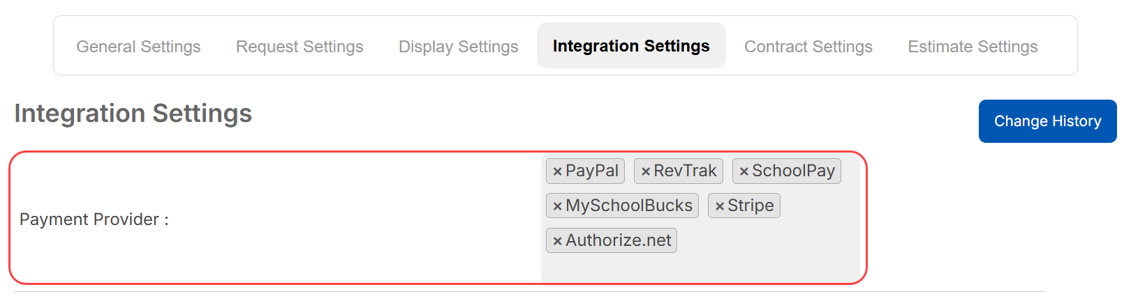 Settings, Integrations Settings with payment provider highlighted.