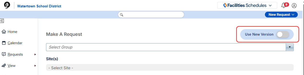 Make a Request page with the Use new Version toggle highlighted.