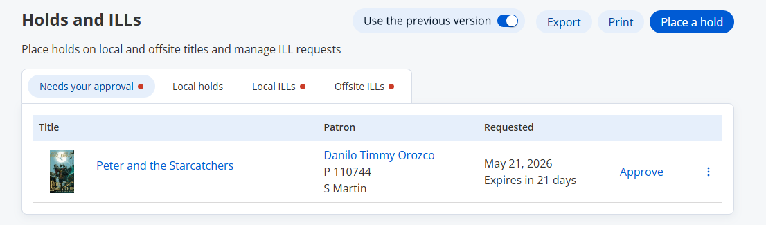 View Requests page, 'Needs your approval' tab.