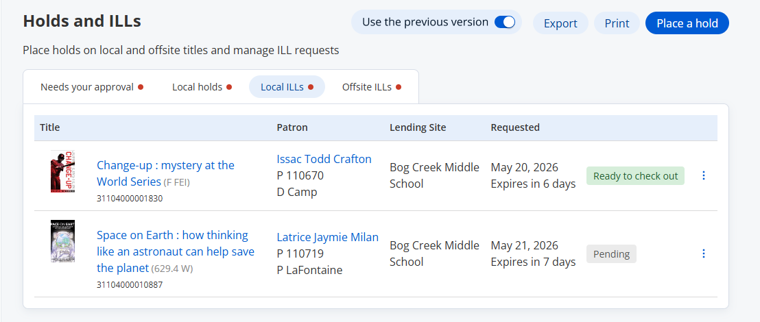 View Requests page, Local ILLs tab.