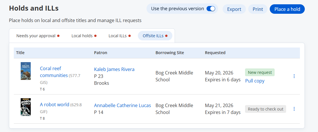 View Requests page, Offsite ILLs page.