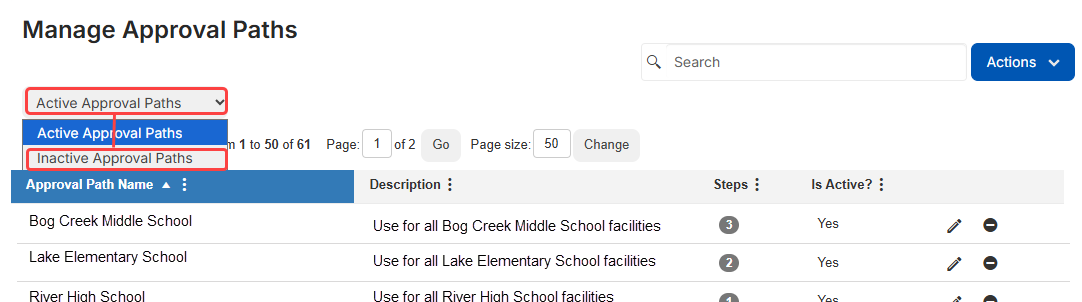 Manage approval paths page with Inactive approval paths highlighted.