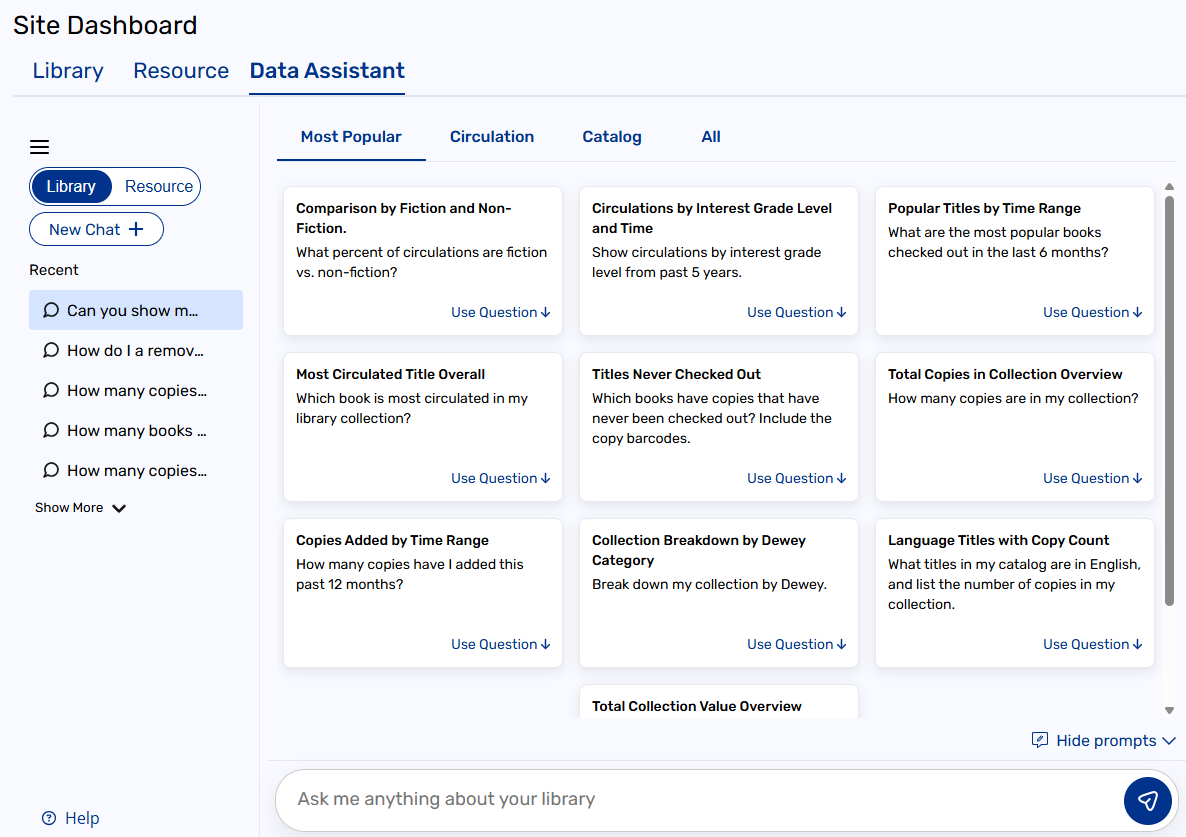 Destiny AI: Data Assistant Library tab with prompts showing.