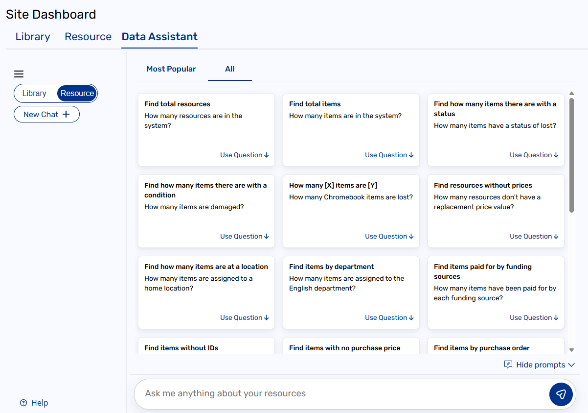 Destiny AI: Data Assistant Resource tab with prompts showing.