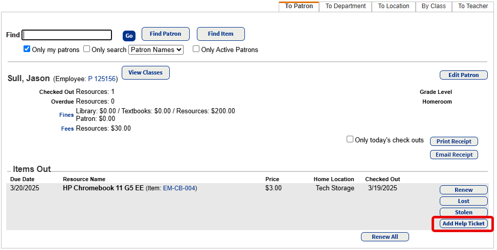 Check out To Patron with Add Help Ticket button circled.