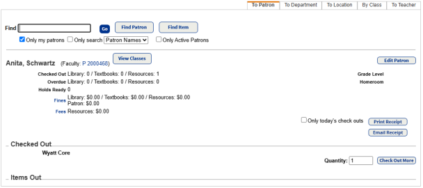 Unbarcoded item showing in the Checked Out section.