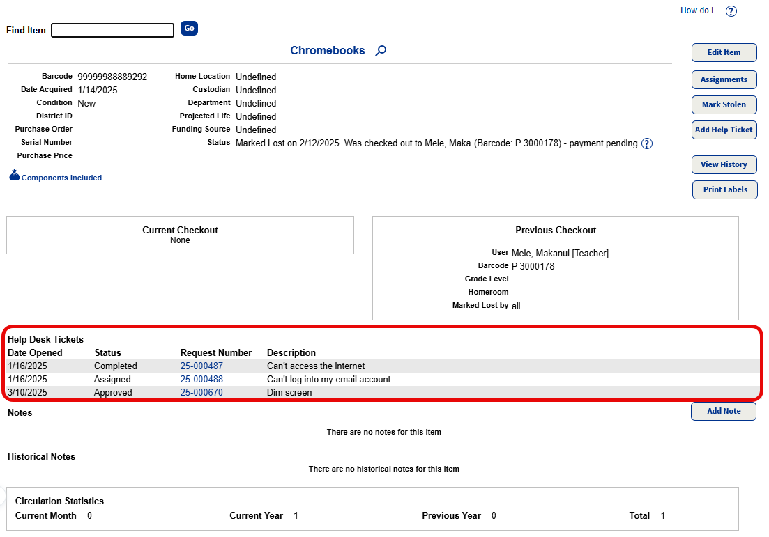Item Status page with Help Desk Tickets section circled.