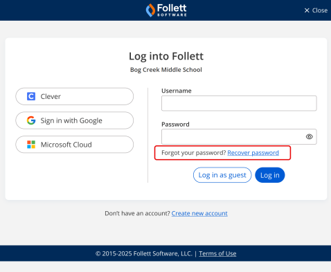 Log in page with Recover password link circled.