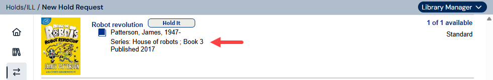 New Hold Request page showing a search result with the series highlighted.