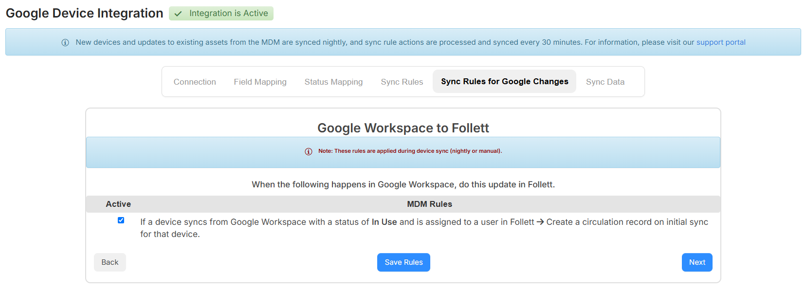 Sync Rules for Google Changes tab in Google Device Integration.