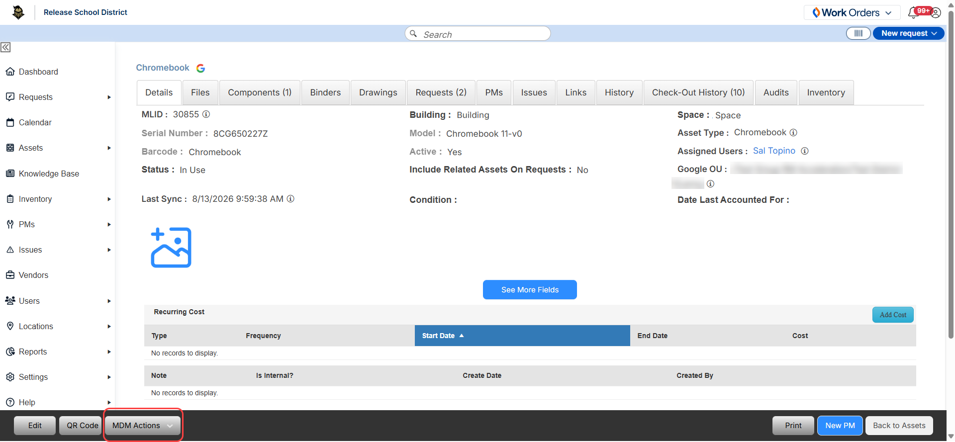 MDM Actions button circled on an asset record.