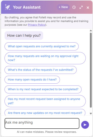 Technology AI Assistan showing suggested prompt questions.