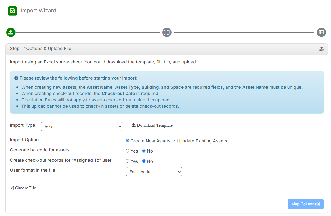 Asset Import page, step 1.