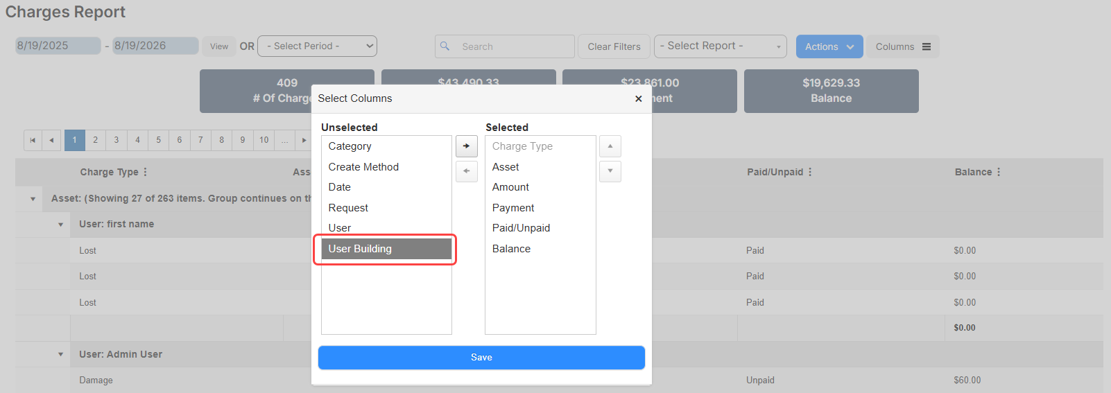 Charges Report showing the User Building circled in red as an available column to add to the report.