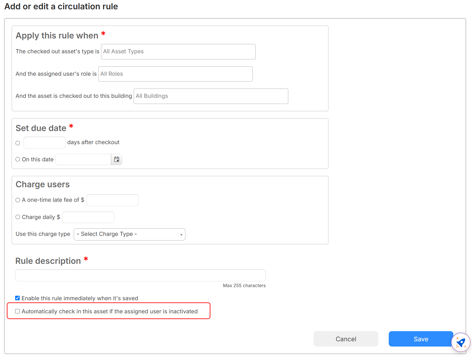 Circulation Rule to auto-check-in matching assets on user inactivation circled in red.