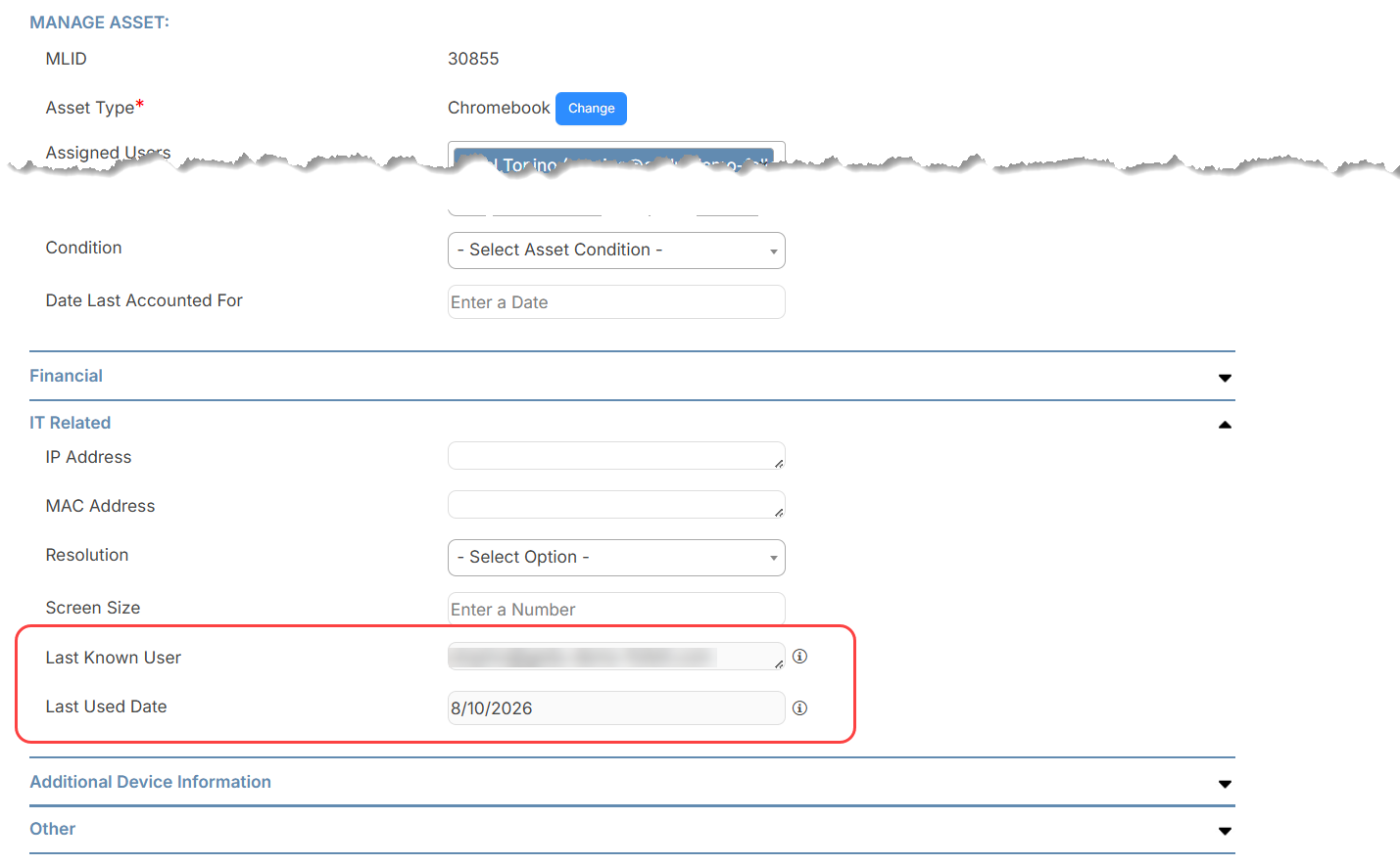Last Known User and Last Used Date fields from Google MDM circled in red.