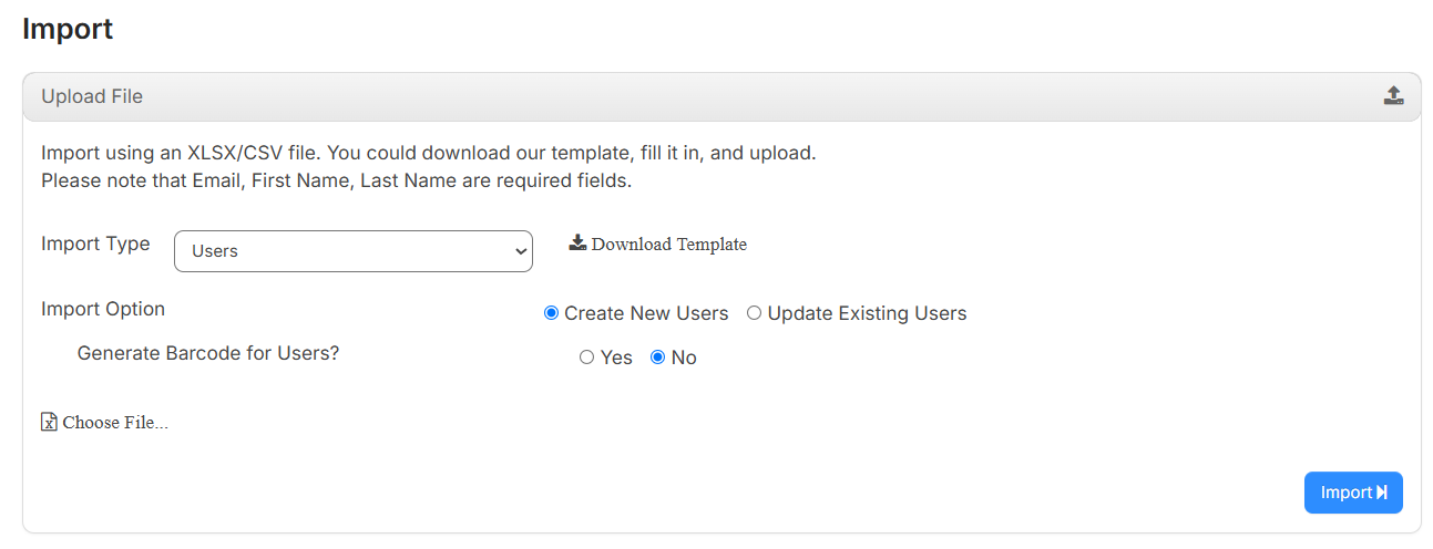 Import page for users.