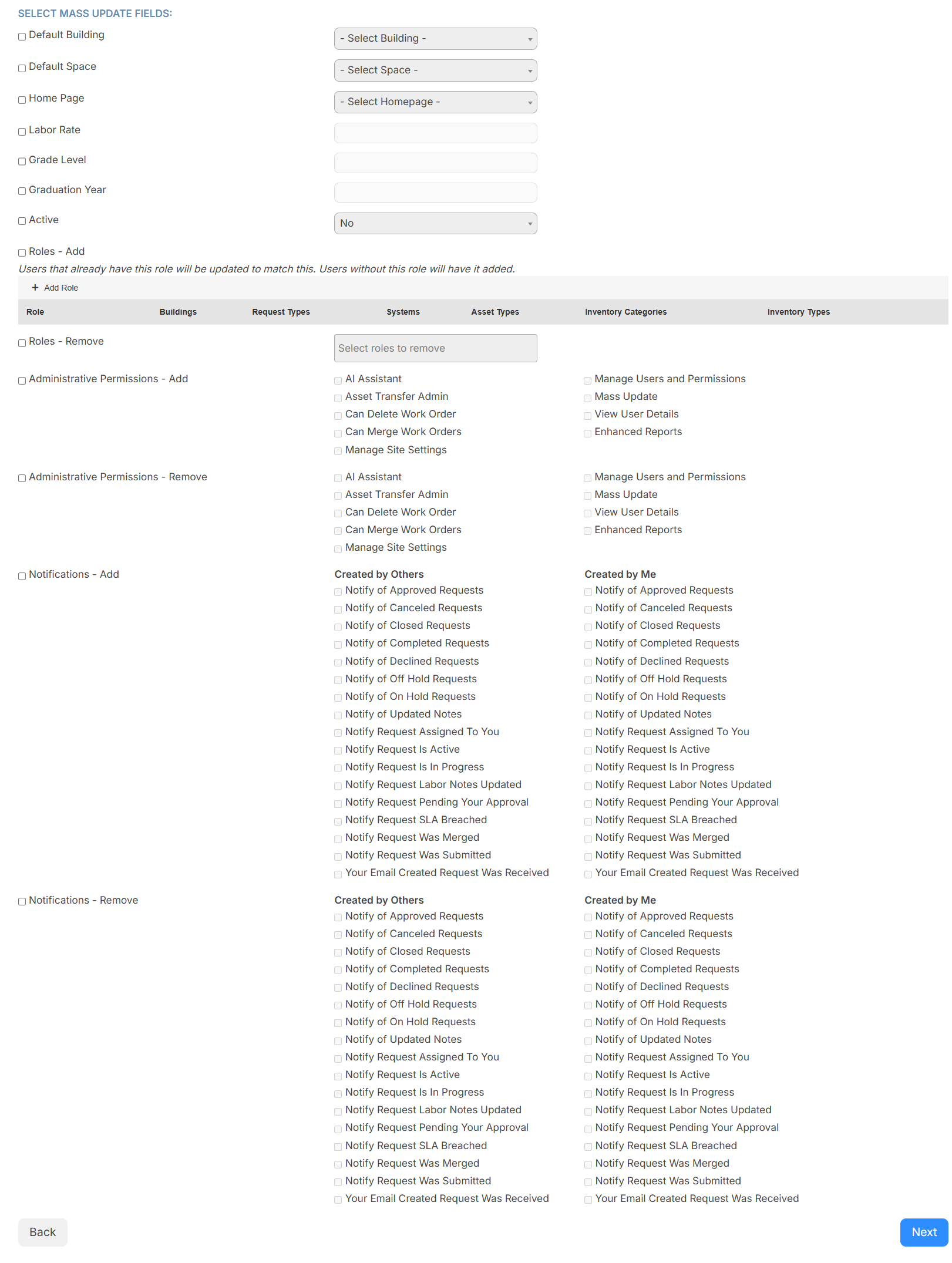 Select Mass Update Fields page for users.
